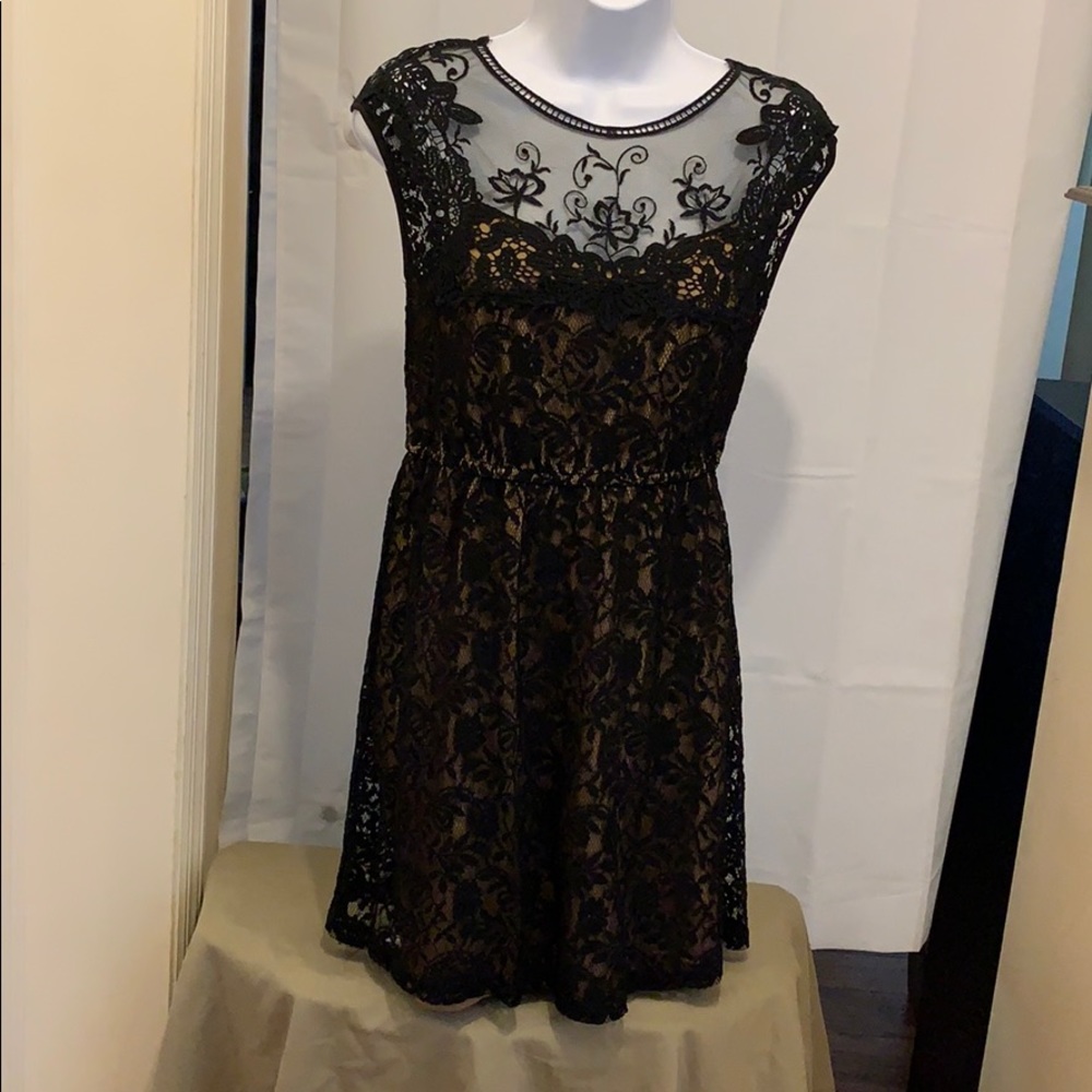 Pinky Sz S Black Lace Dress with Nude Lining